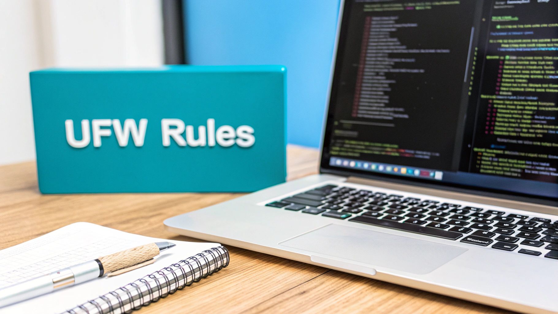 A laptop displaying code, a notebook with a pen, and a teal box labeled 'UFW Rules' on a desk.