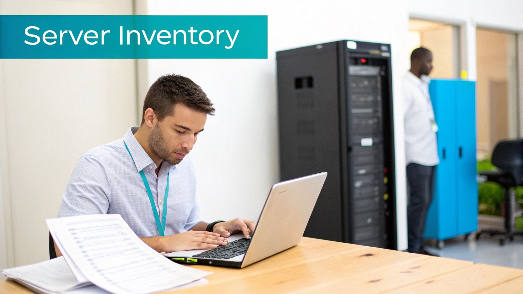 A man reviews server inventory on a laptop with documents on a wooden desk, server racks in the background.