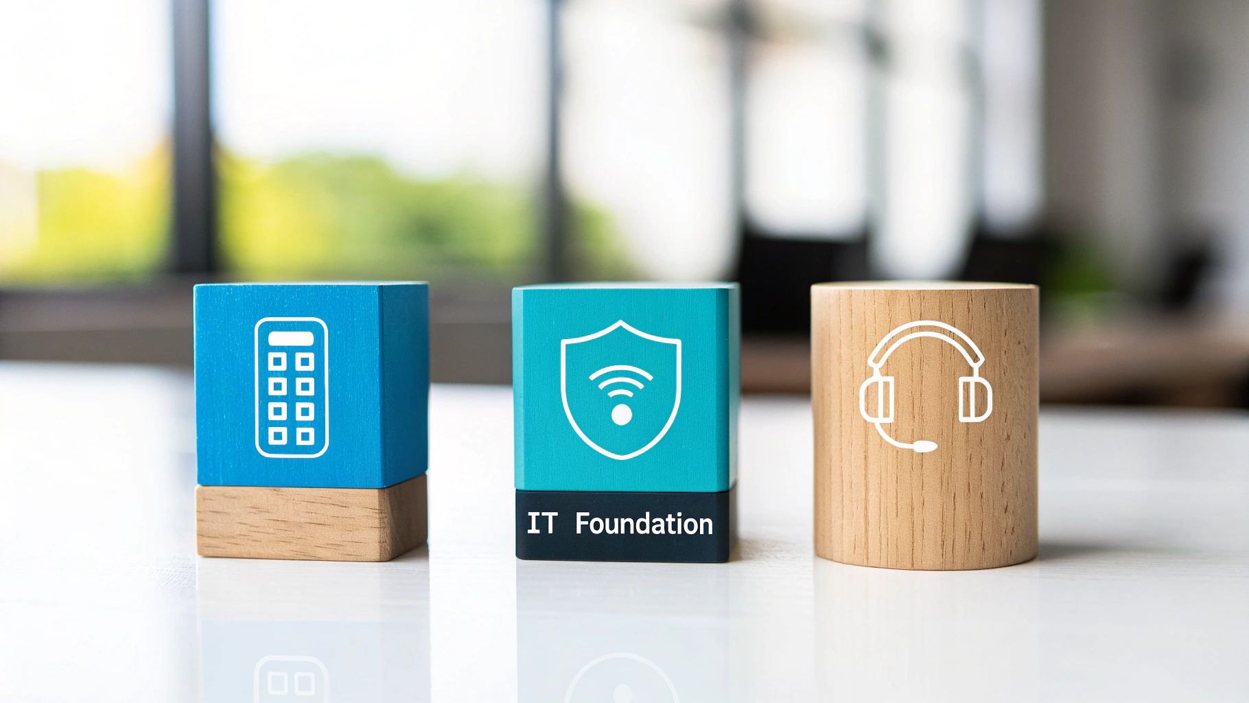Three wooden blocks with IT-related icons: calculator, Wi-Fi shield, and headset, representing IT foundation services.
