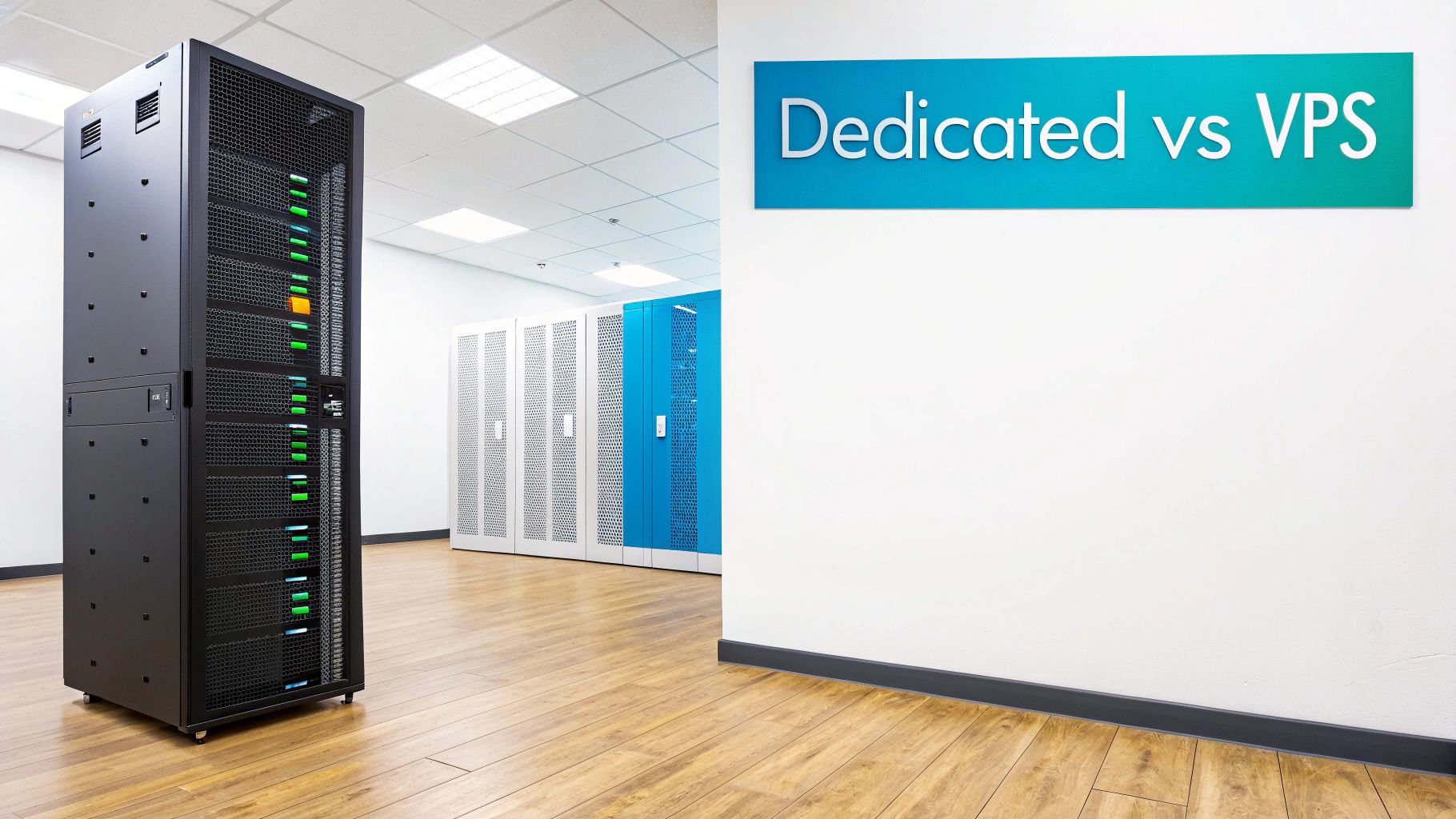 A data center with a prominent black server rack and a 'Dedicated vs VPS' sign on the wall.