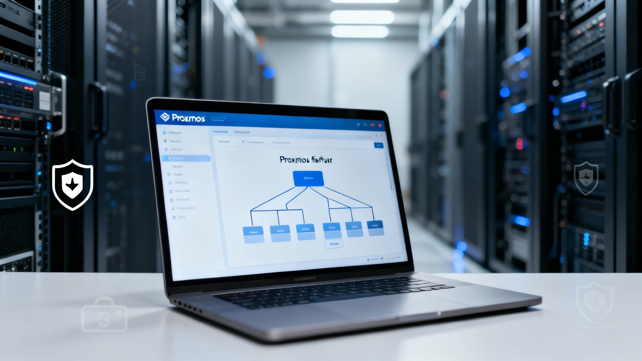 A network administrator working on server racks in a data center, illustrating the hands-on process of hardening a Proxmox private cloud.