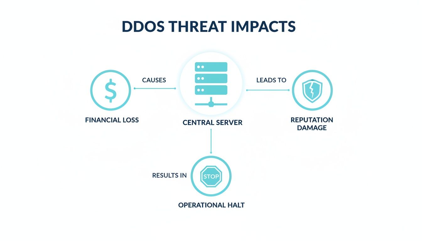Diagram illustrating the impacts of DDoS threats on a central server, leading to financial loss, reputation damage, and operational halt.