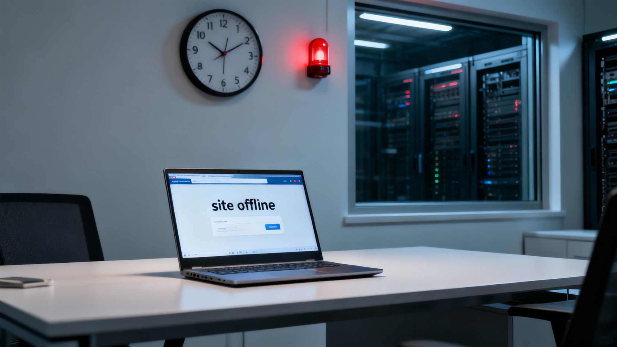 A server room with red warning lights flashing, symbolizing an unexpected IT system failure and the urgency of downtime.