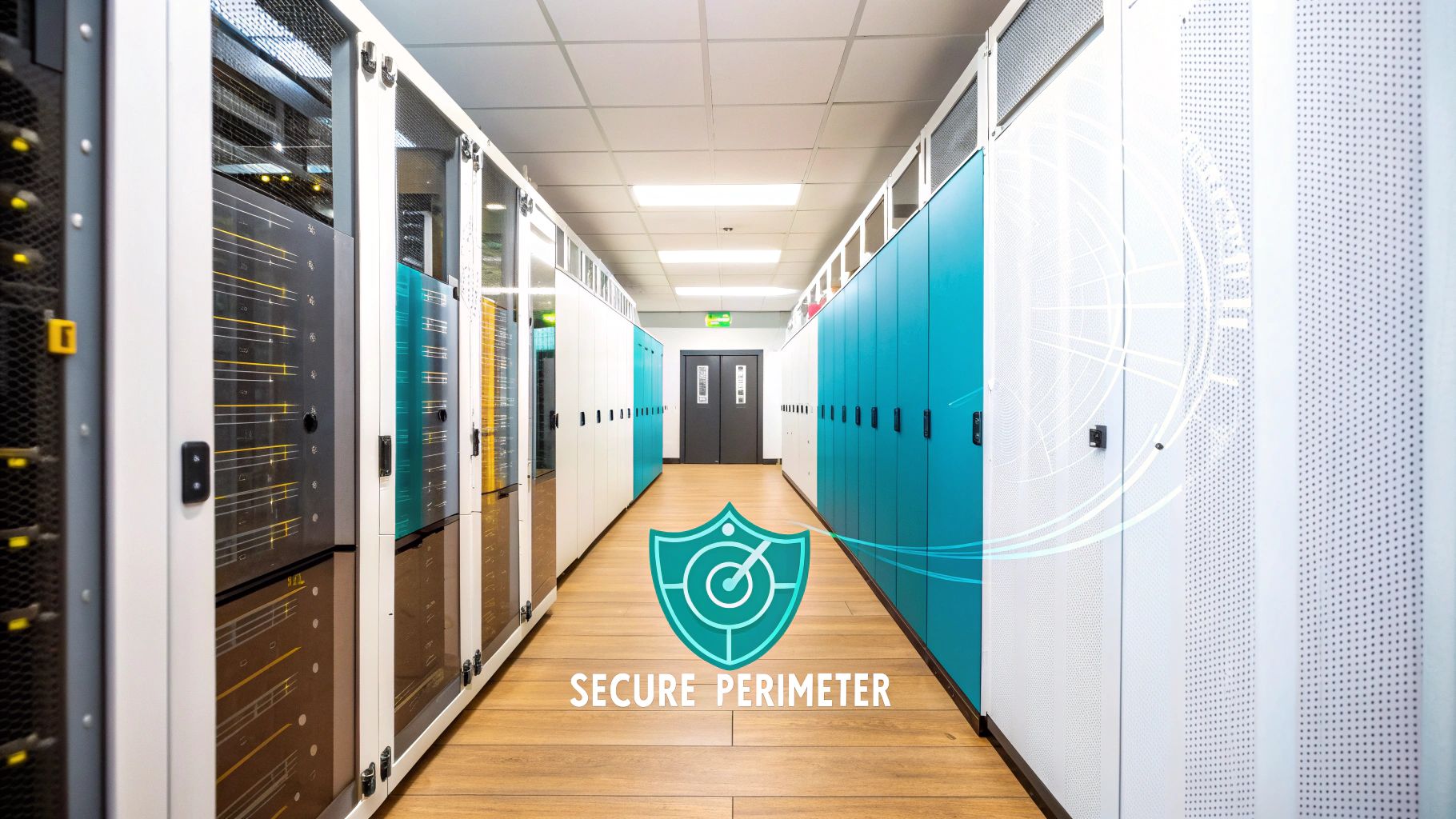 Long data center corridor with rows of white, black, and turquoise server racks, featuring a 'Secure Perimeter' logo.