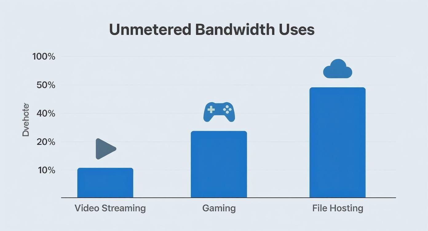 An infographic showing a side-by-side bar chart of the top uses for unmetered bandwidth, including video streaming, gaming, and file hosting.
