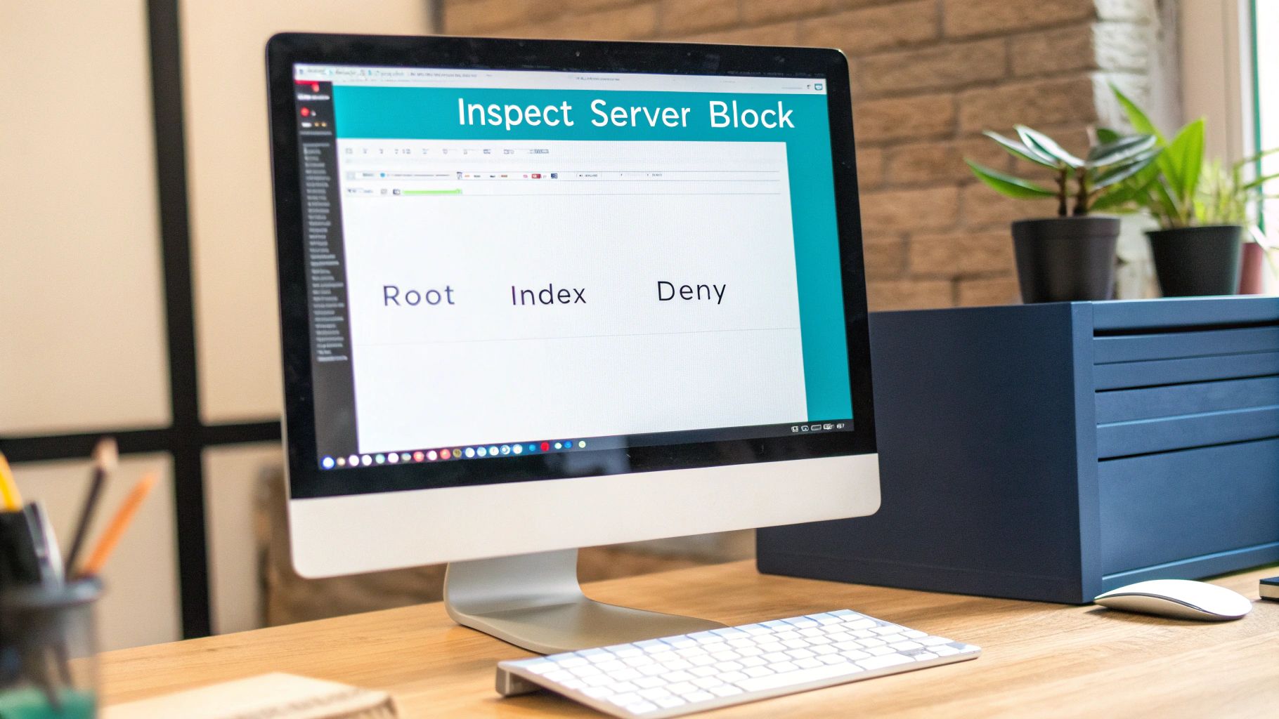 A computer screen displays 'Inspect Server Block' with 'Root', 'Index', 'Deny' on a desk.