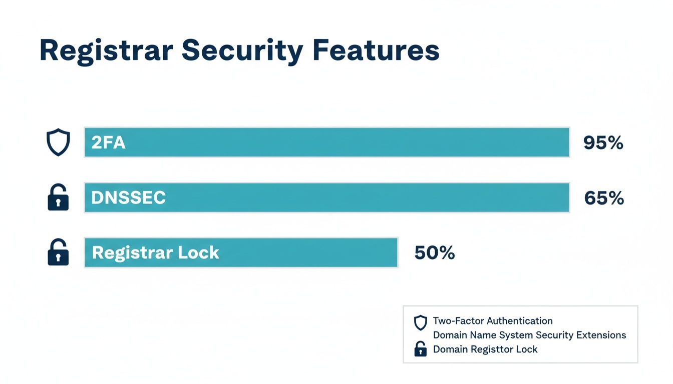 Bar chart displaying registrar security features: 2FA at 95%, DNSSEC at 65%, and Registrar Lock at 50%.