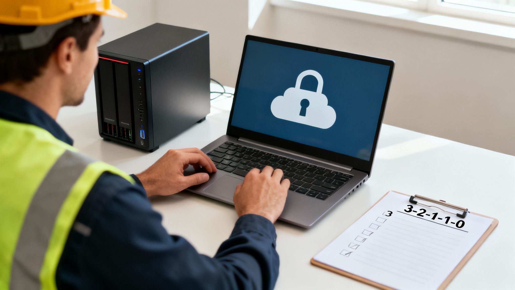 Construction worker accessing cloud security system on laptop for business continuity planning