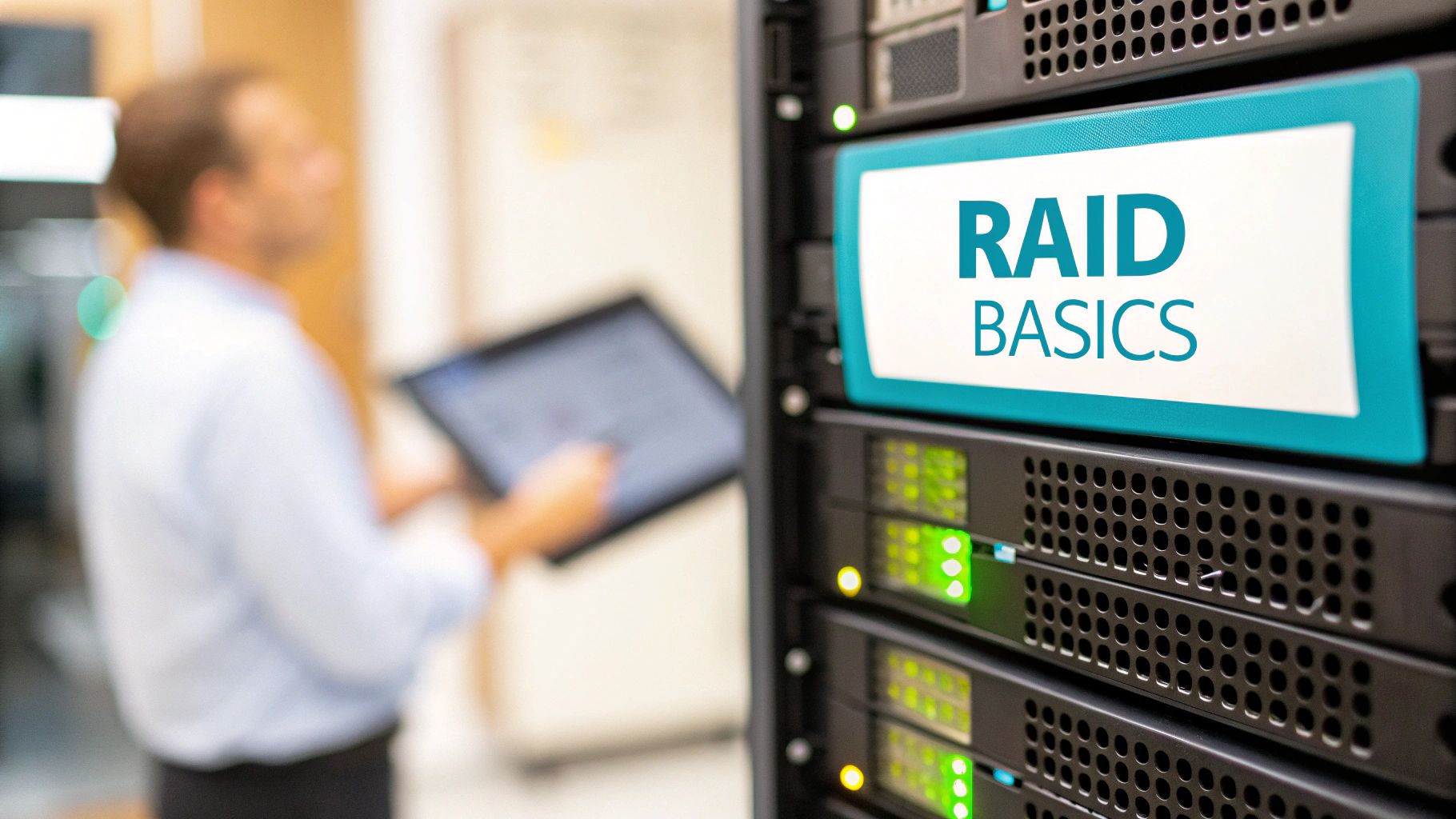 Multiple hard drives arranged in a server chassis, illustrating a RAID setup.