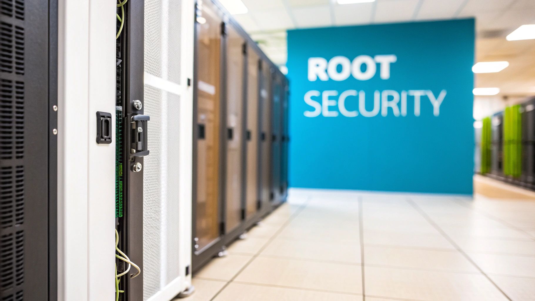 A row of server racks in a data center with a 'ROOT SECURITY' sign on a blue wall.