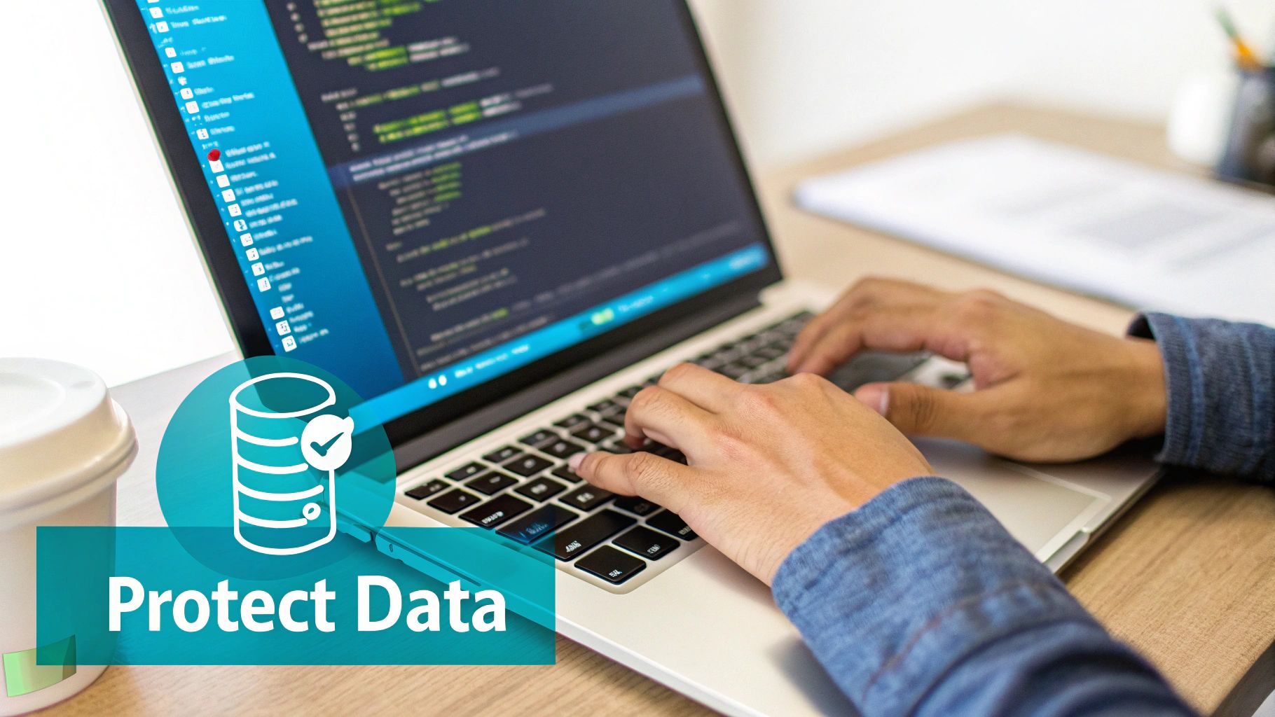 Person typing code on a laptop with a 'Protect Data' graphic and database icon, symbolizing data security.