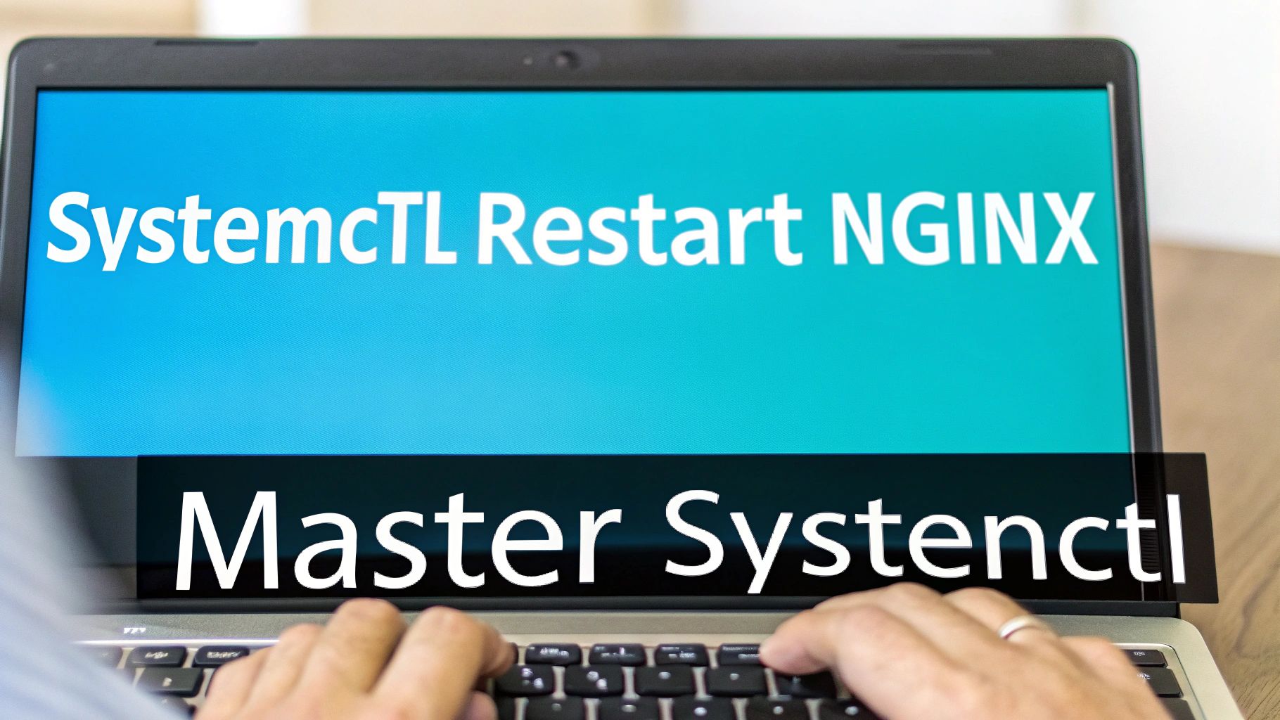 Person typing on a laptop showing 'SystemcTL Restart NGINX' and 'Master Systenctl' commands on screen.