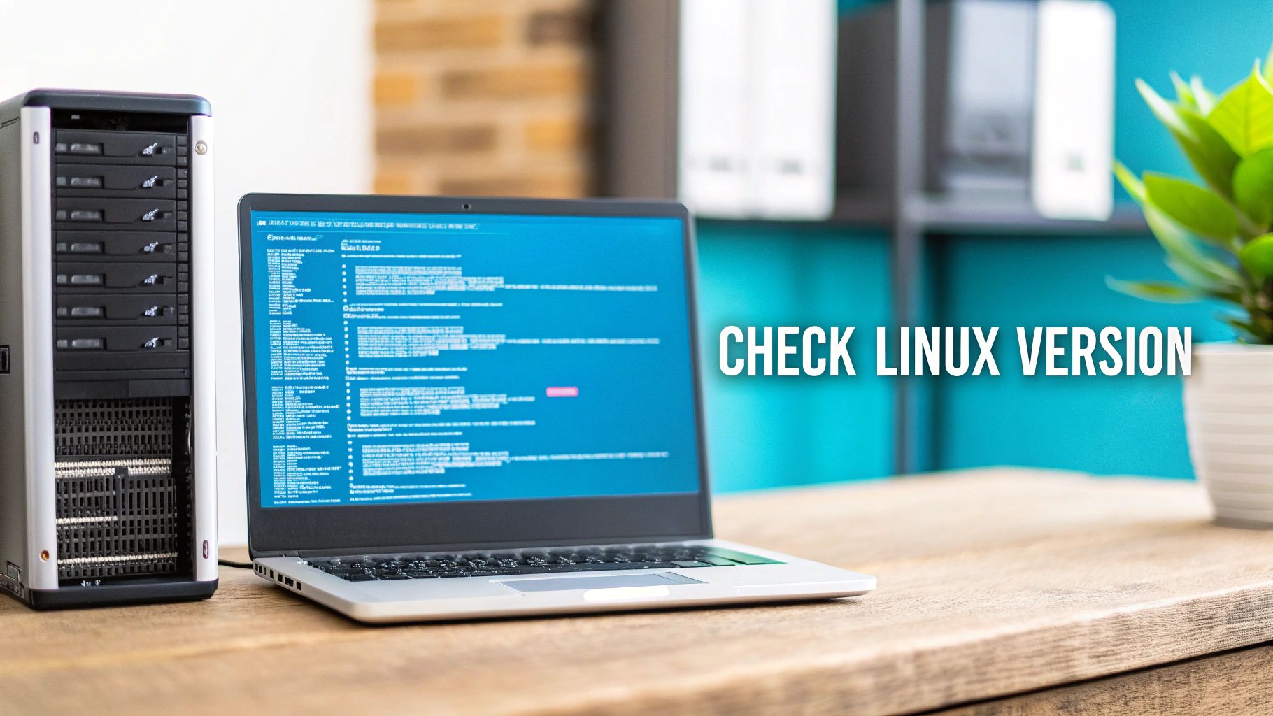A desktop computer tower next to a laptop displaying code with 'CHECK LINUX VERSION' text.