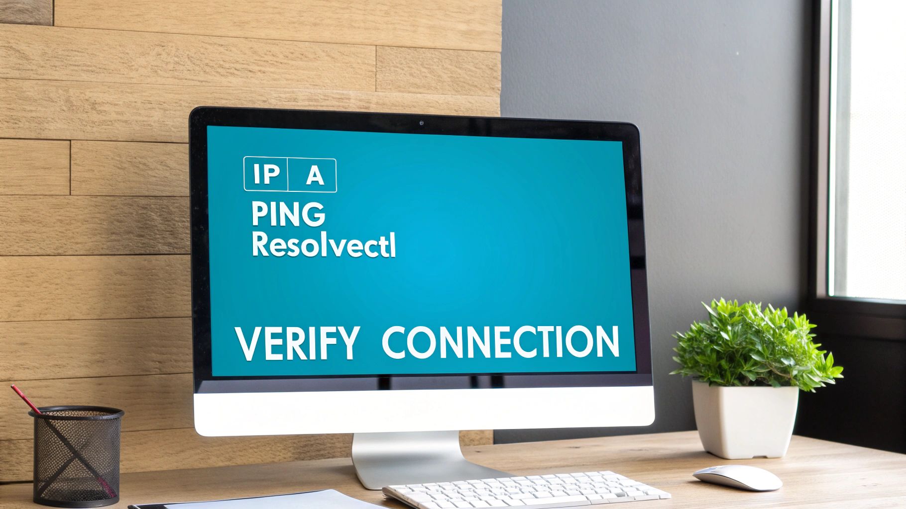 A computer monitor displays network commands like 'IP A', 'PING', 'Resolvctl', and 'VERIFY CONNECTION'.