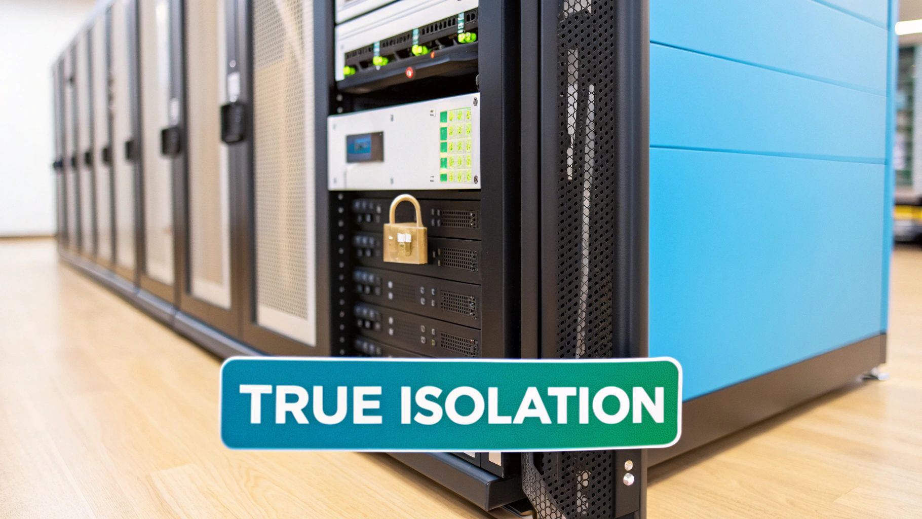 A secure data center showing server racks, a padlock, and a 'TRUE ISOLATION' banner.