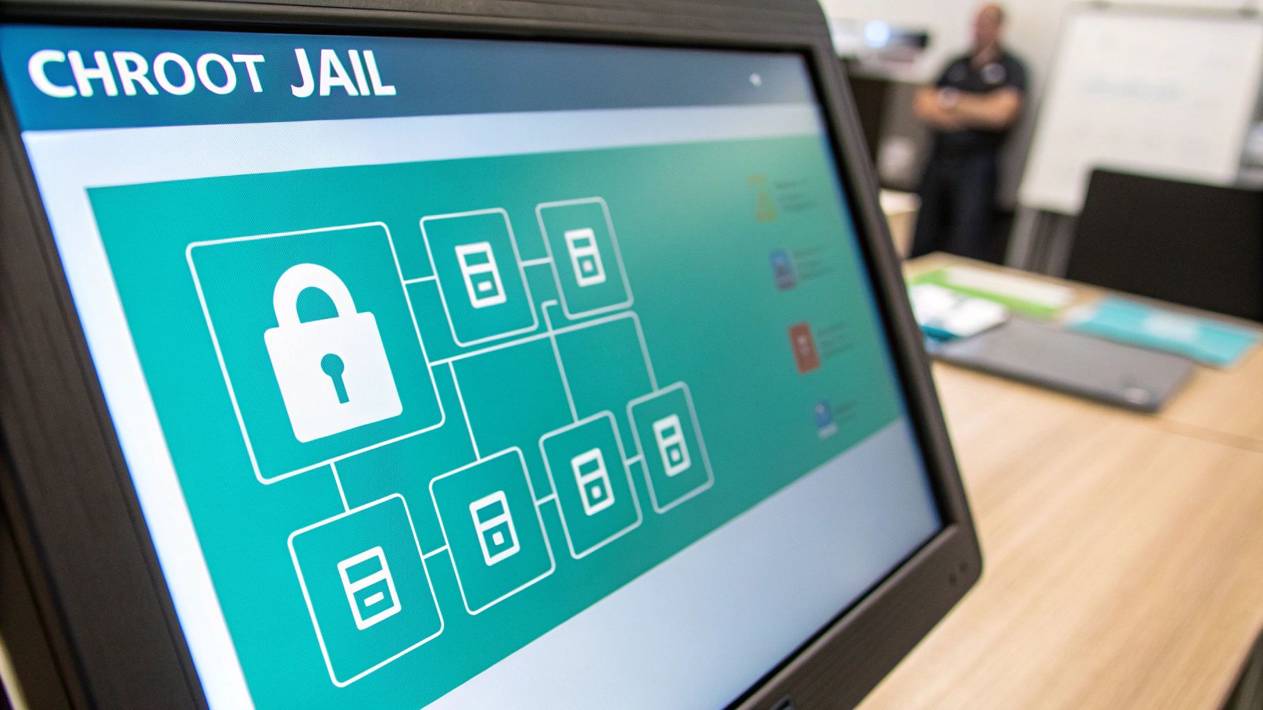 Close-up of a monitor displaying 'CHROOT JAIL' with a padlock and linked file icons on a teal screen.