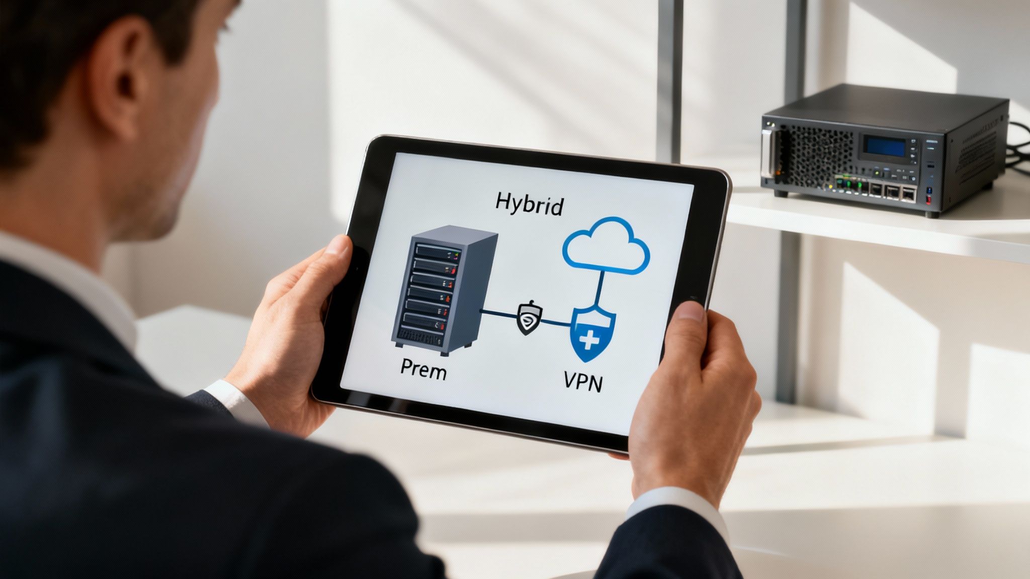 Diagram showing a hybrid infrastructure connecting an on-premise server to the cloud