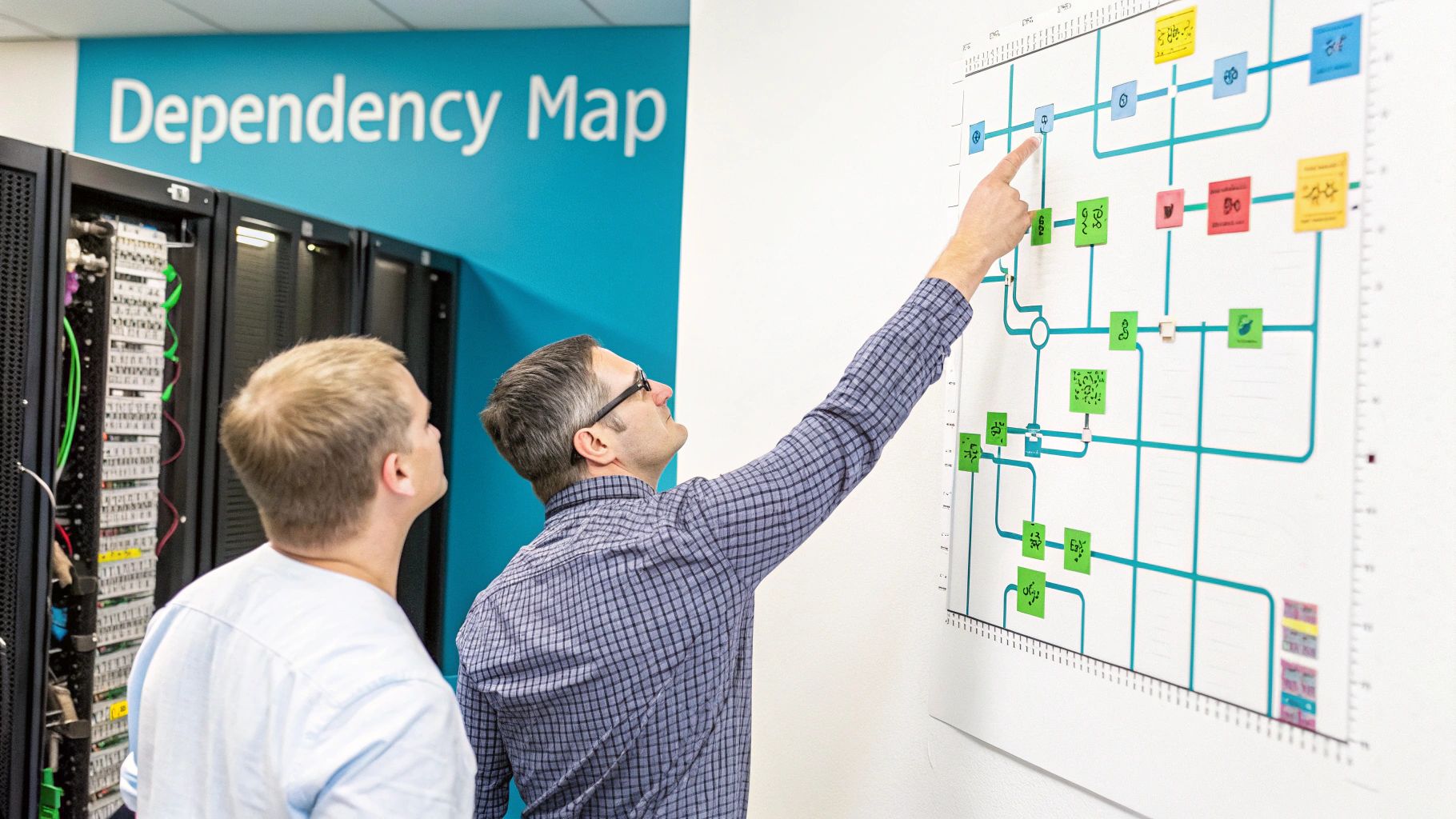 Two IT professionals analyze a dependency map on a wall, with server racks in the background.