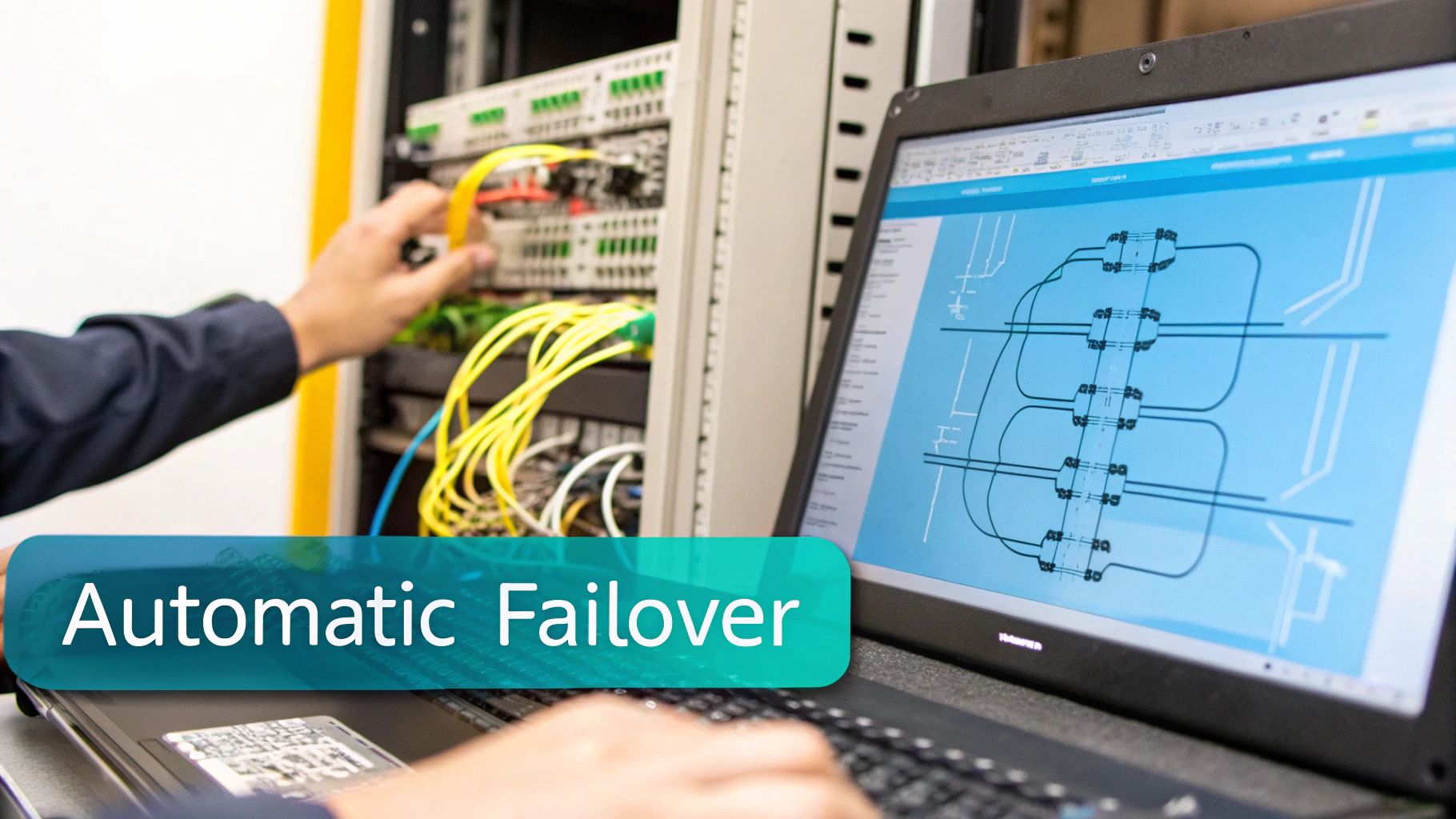 Engineer connecting cables in a server rack while a laptop displays an automatic failover network diagram.