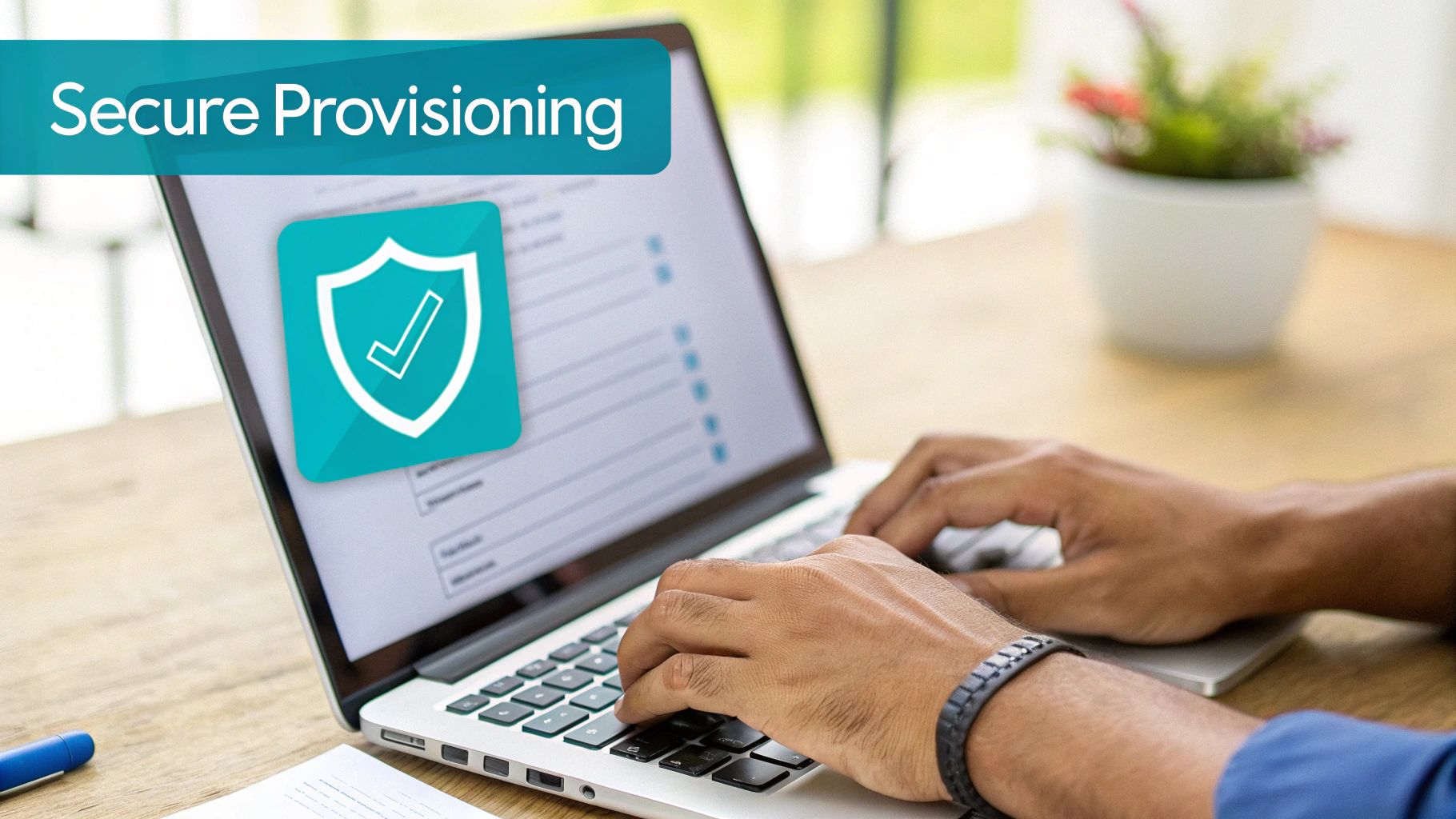 Hands typing on a laptop displaying a 'Secure Provisioning' banner and a shield security icon.