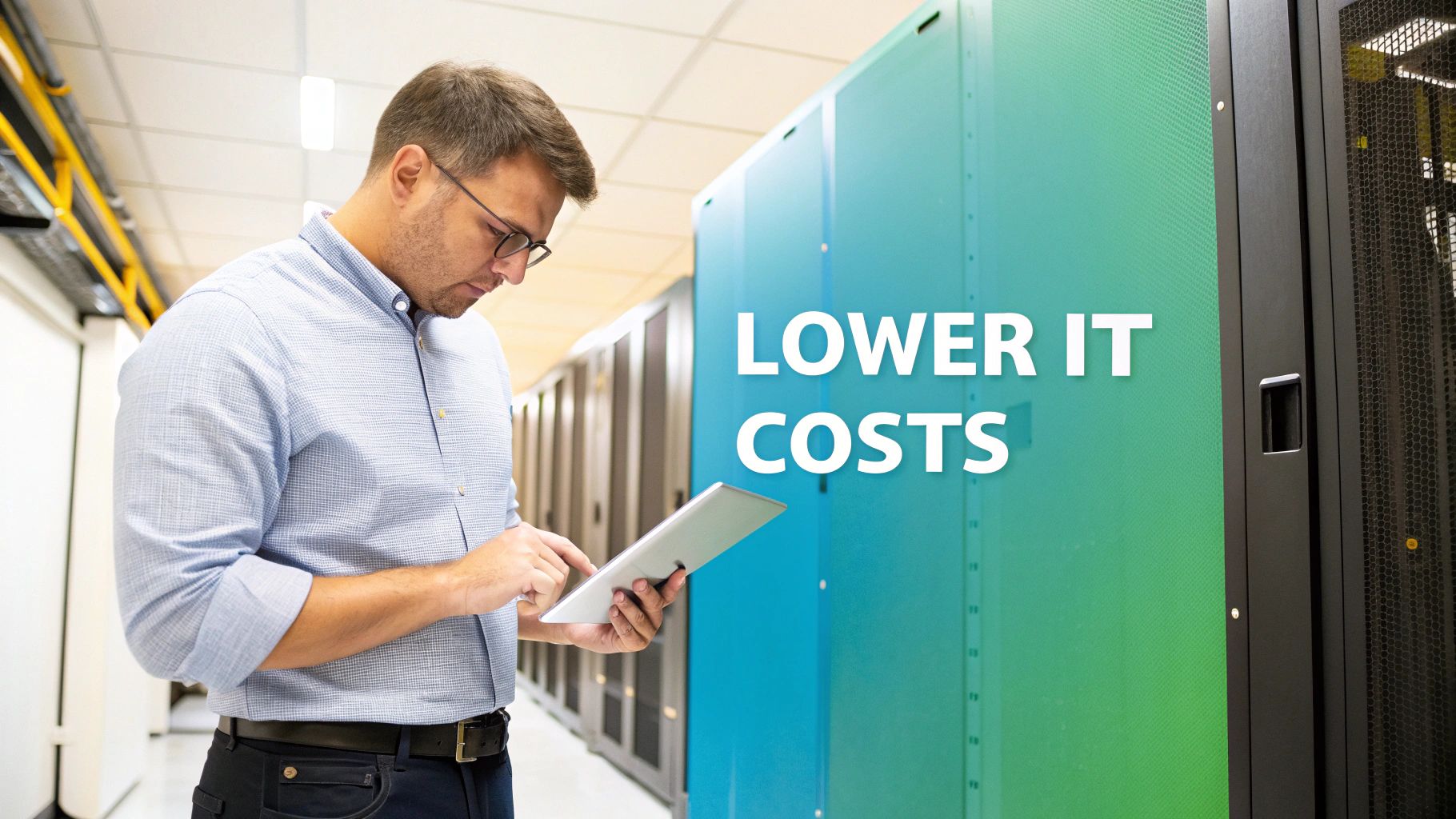 IT professional optimizing data center infrastructure with a tablet, aiming to lower IT costs.