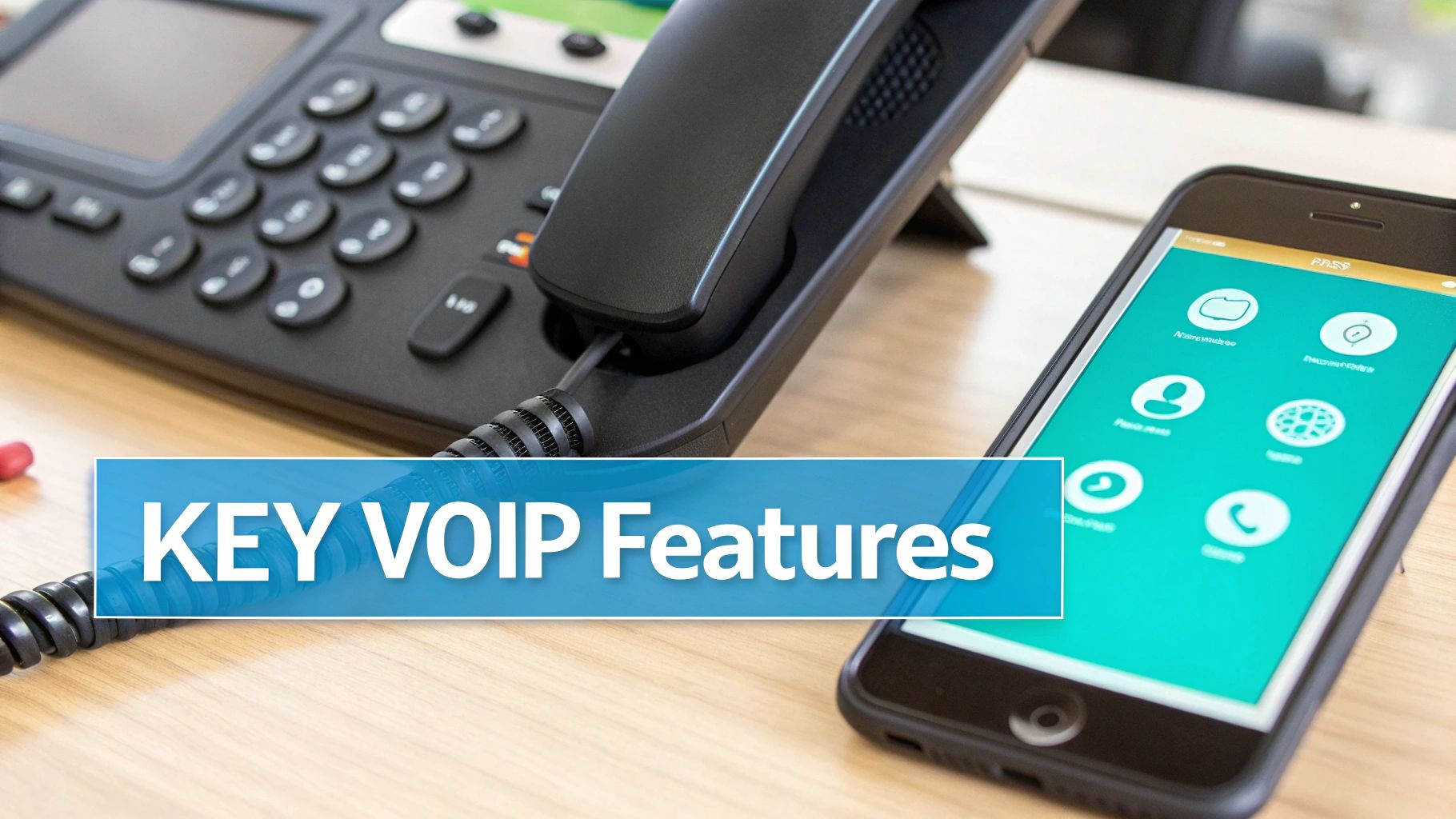 A person using a headset for a VoIP call, with icons of different communication features floating around them.