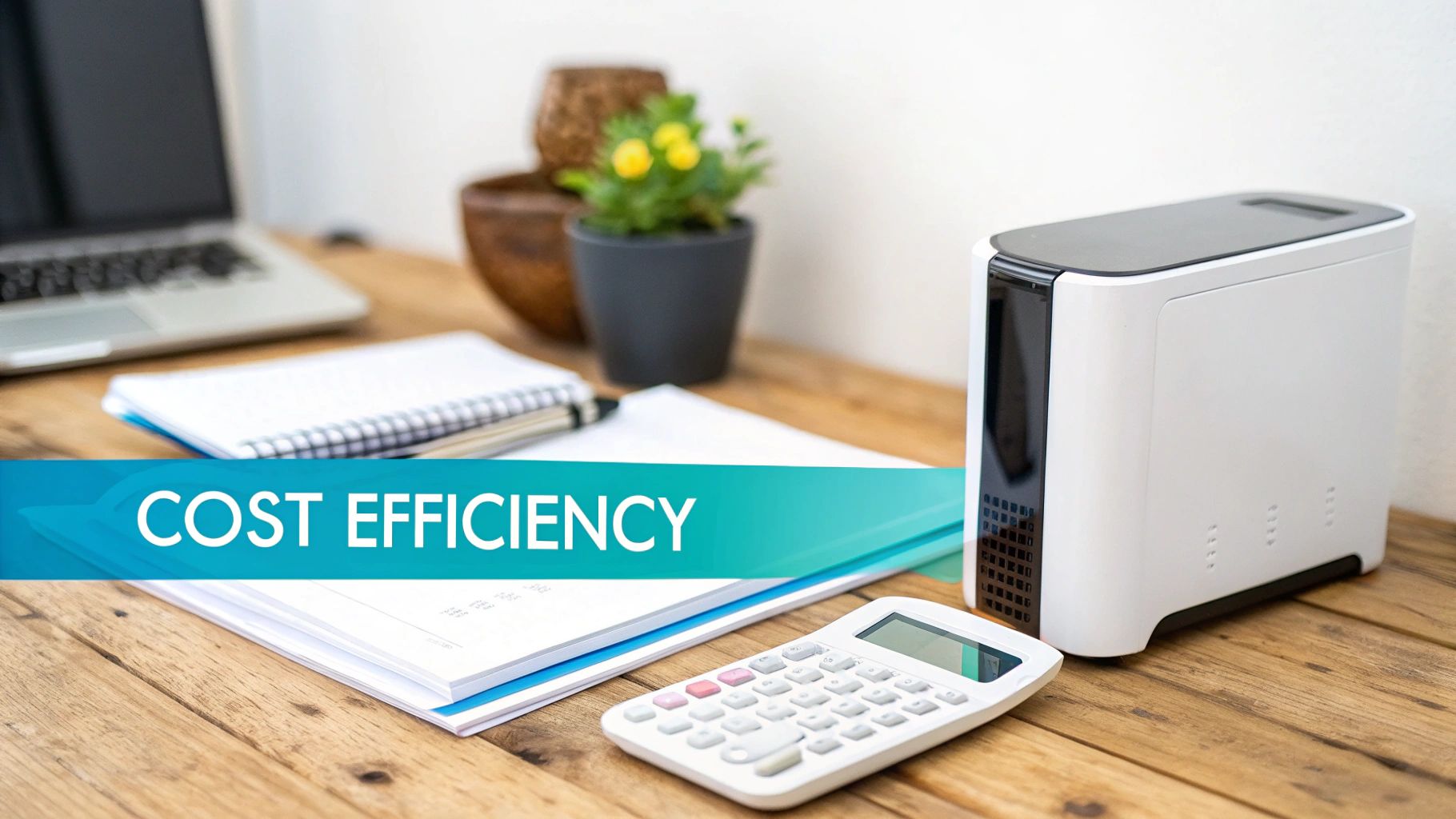 A modern office desk setup featuring a laptop, calculator, notebooks, and a white server, with 'COST EFFICIENCY' banner.