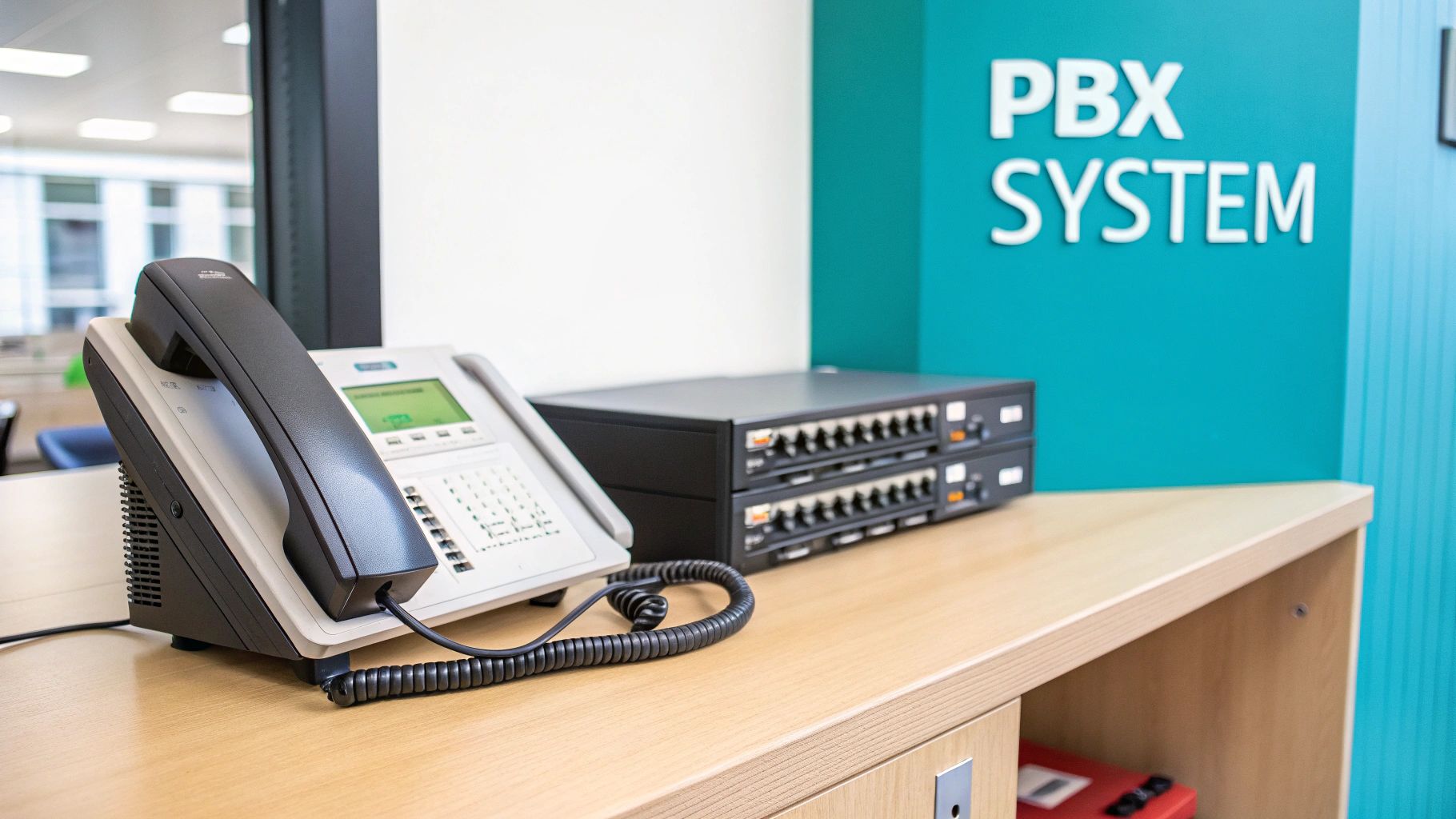 A beige office desk phone and two stacked PBX system network devices in an office setting.