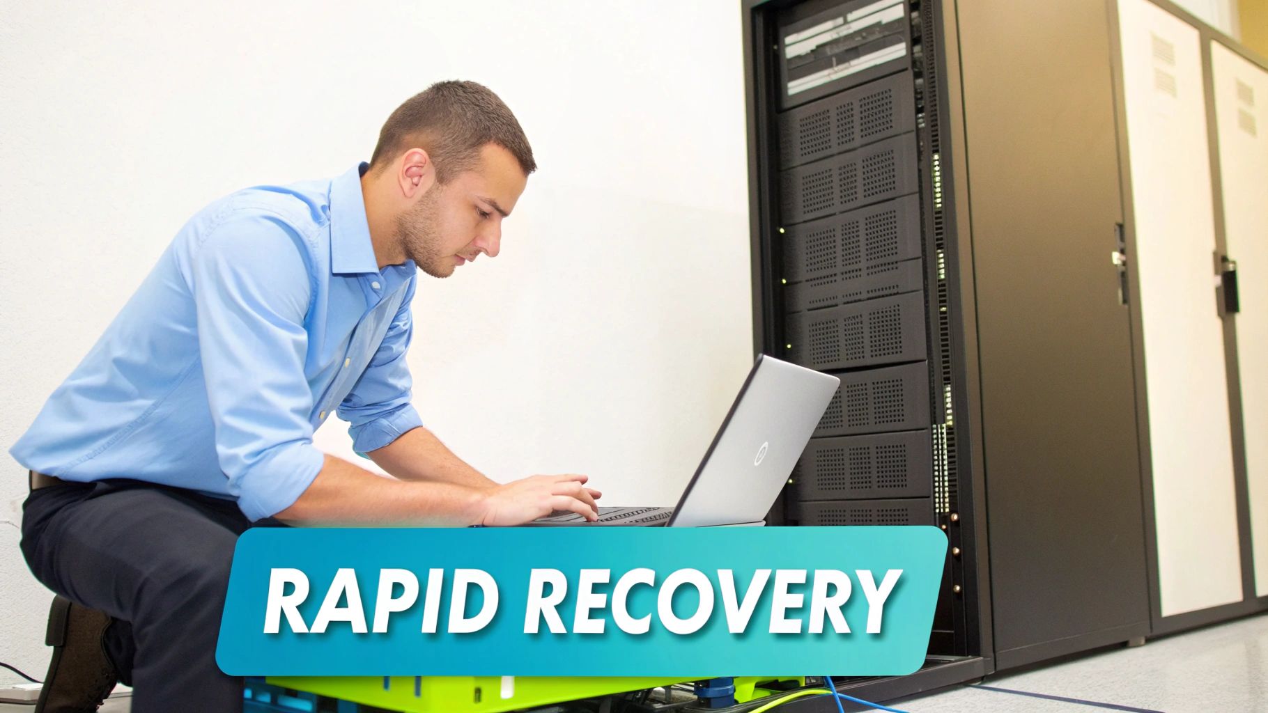 A man in a blue shirt works on a laptop in a server room with 'RAPID RECOVERY' text.