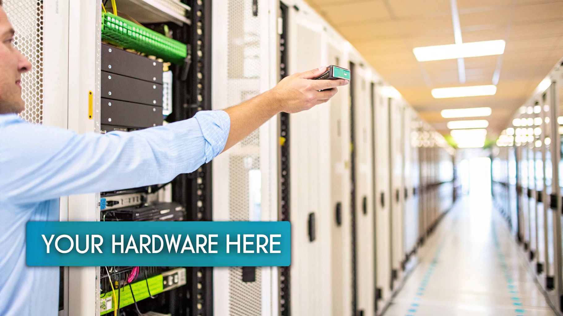 A man in a server room holding a device, with server racks and 'YOUR HARDWARE HERE' overlay.