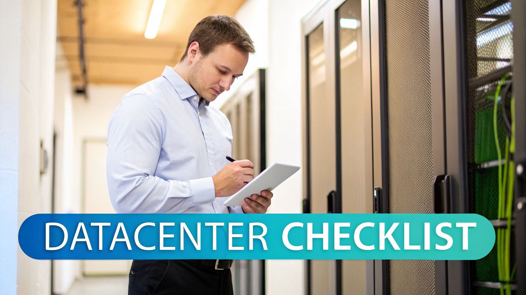 A technician reviewing a 'Datacenter Checklist' on a tablet in a server room.