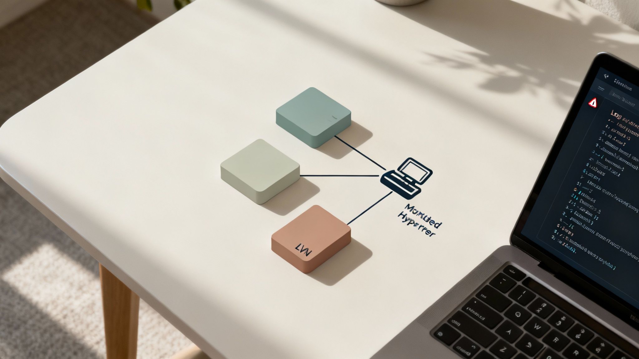 Diagram showing three colored blocks connected to laptop representing managed hypervisor cloud computing architecture