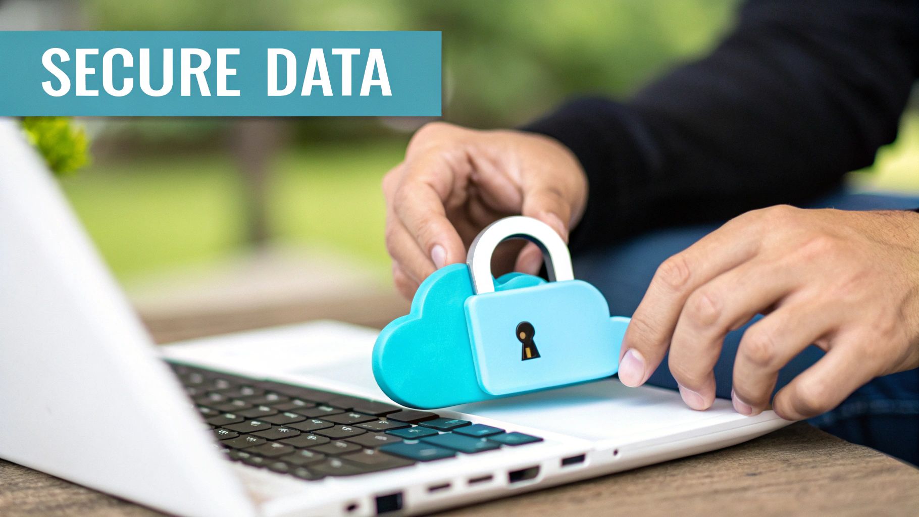A person's hands place a blue cloud lock symbol on a laptop keyboard, representing secure data.