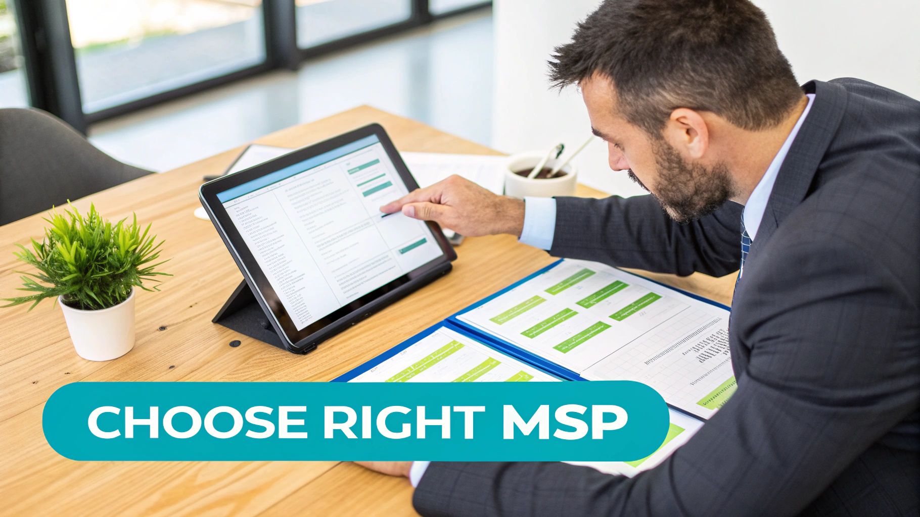 A businessman reviews documents and interacts with a tablet on a wooden desk with a 'Choose Right MSP' banner.