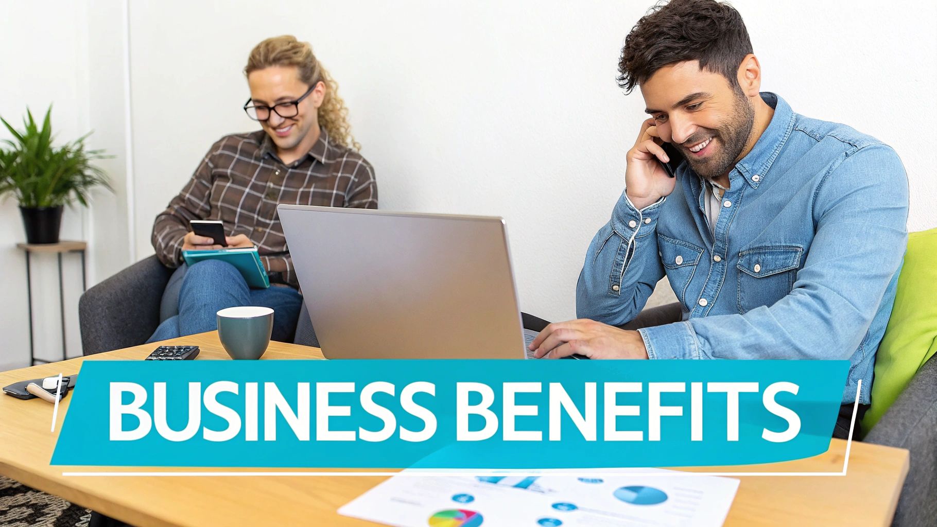 Two smiling men in a modern office work on laptops and tablets, with a 'BUSINESS BENEFITS' banner.