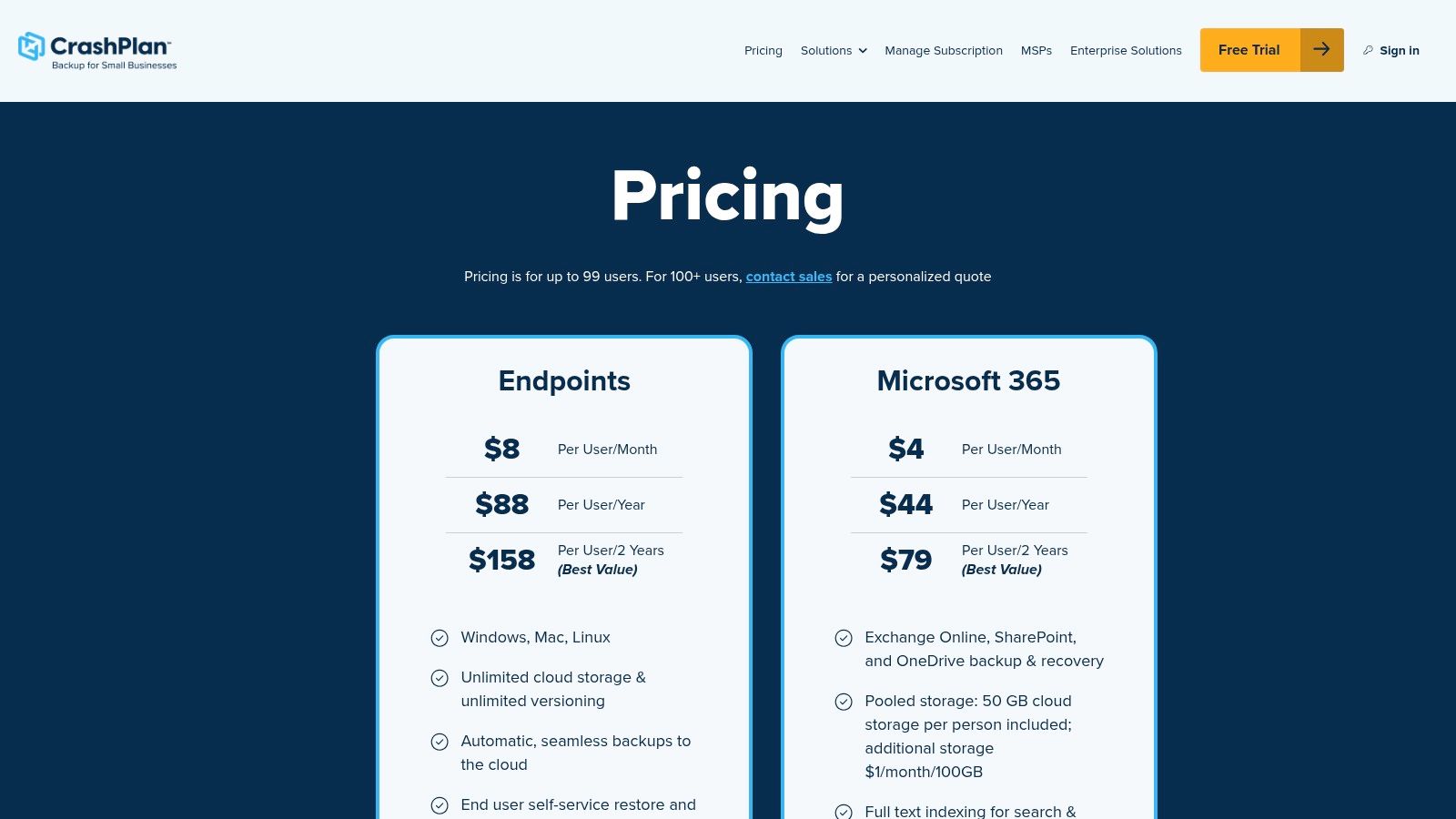 CrashPlan for Small Business Pricing Plans