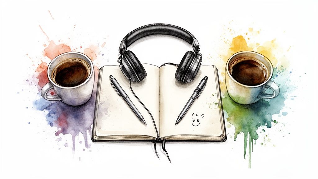 Vibrant watercolor illustration showing two coffees, headphones, an open notebook, and pens on a white background.