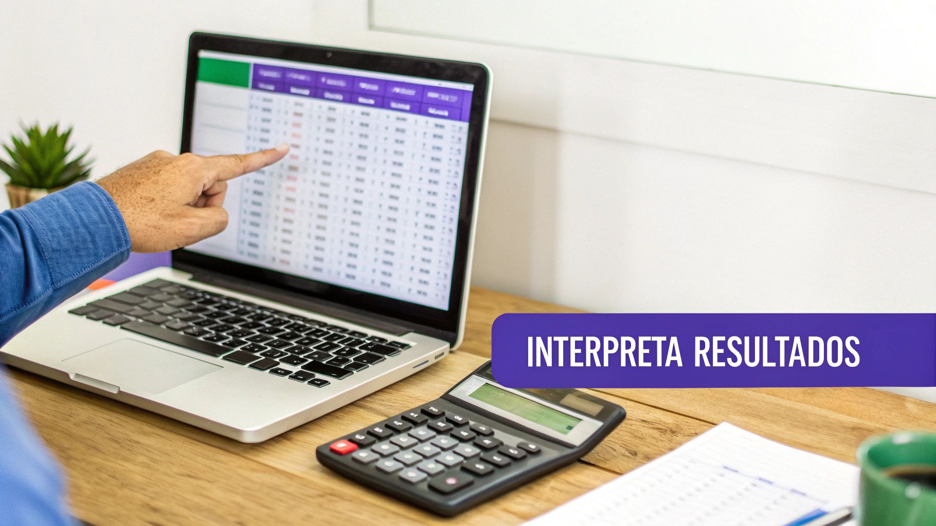 Un hombre señala una hoja de cálculo en una laptop, analizando resultados con una calculadora en un escritorio de madera.
