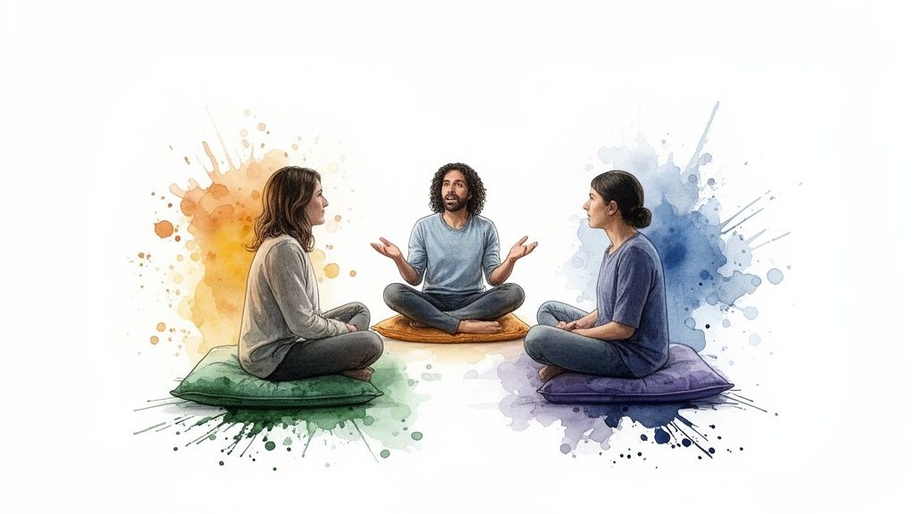 Three people sitting on cushions in a circle, engaged in a group discussion or therapy.