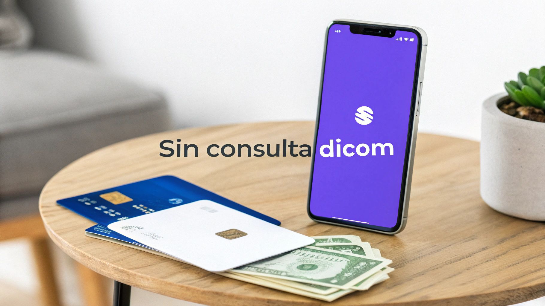 Smartphone con aplicación, tarjetas de crédito y billetes de dólar en una mesa de madera, con el texto "Sin consulta dicom".