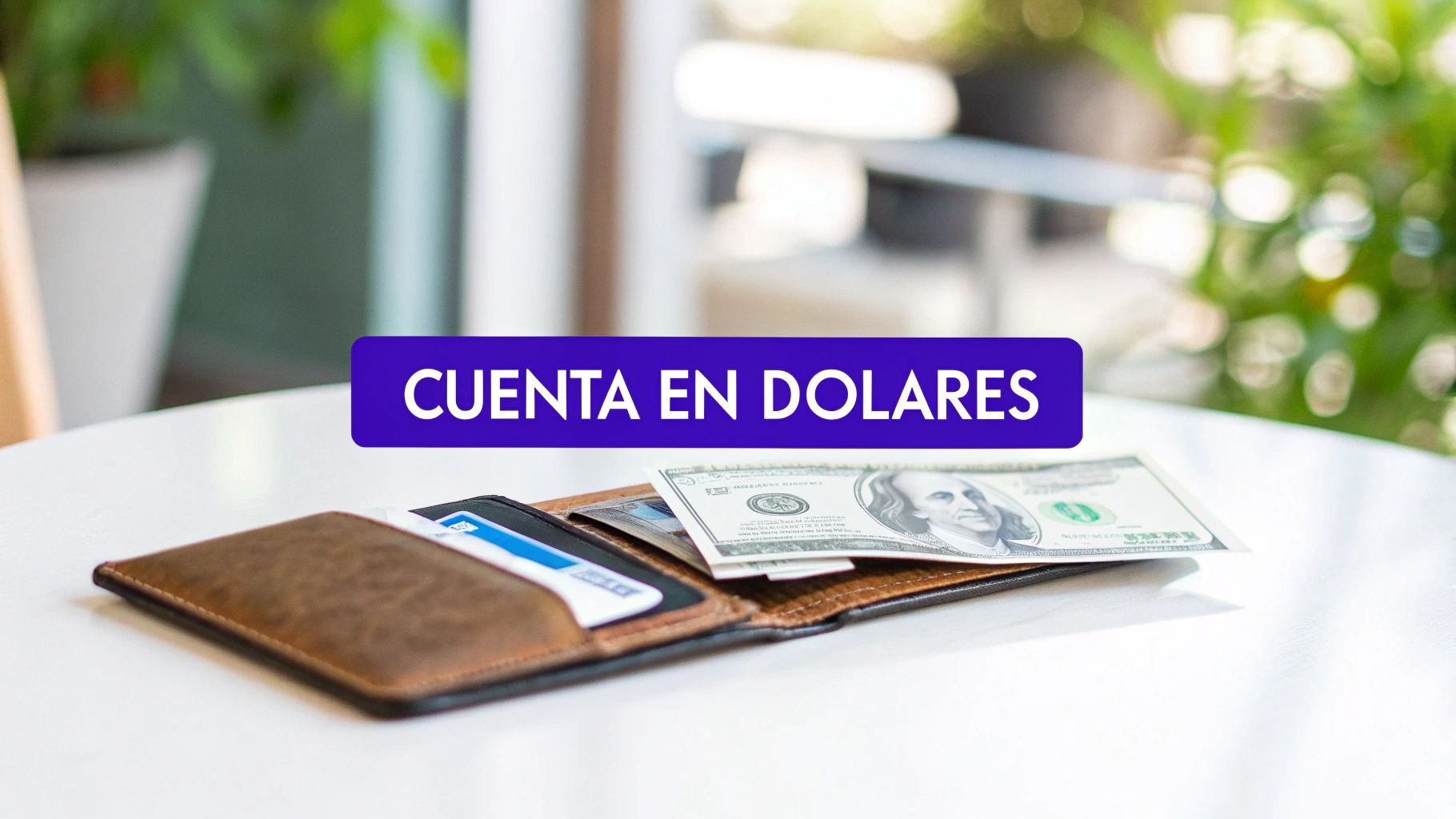 Billetera de cuero marrón con tarjetas de crédito y billetes de cien dólares sobre una mesa blanca, con un banner que dice 'Cuenta en Dólares'.