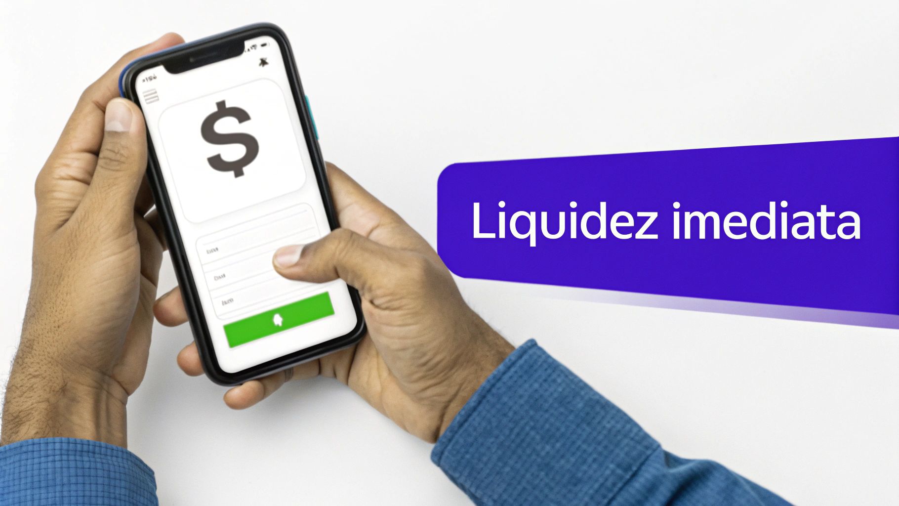 Persona sosteniendo un smartphone con una aplicación de dinero y un banner que dice 'Liquidez immediata'.