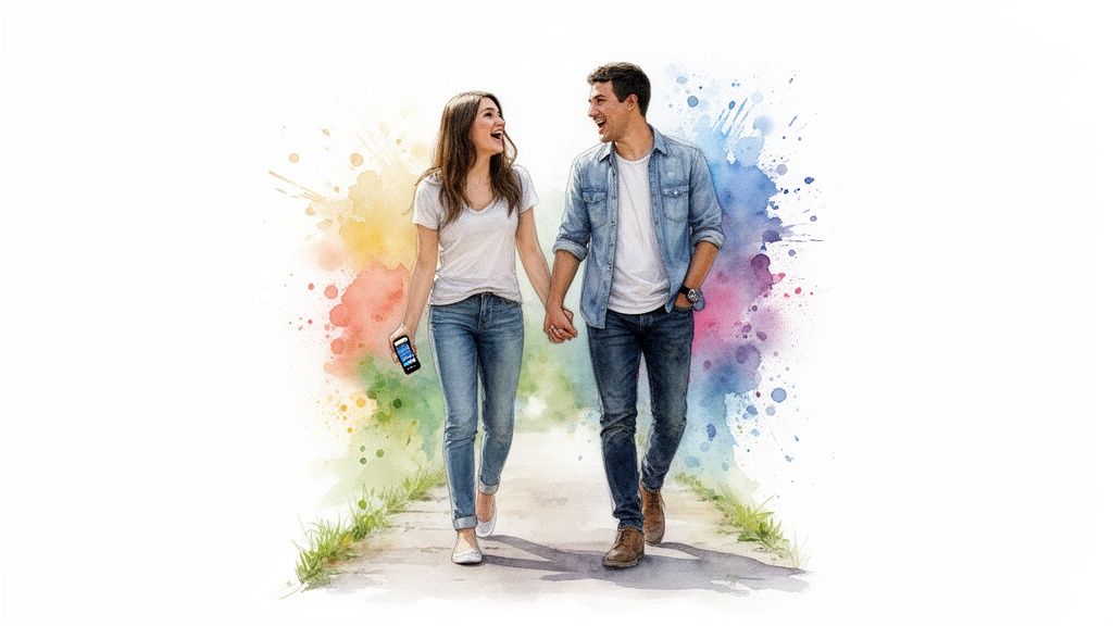 A smiling couple walks hand-in-hand on a path, surrounded by vibrant watercolor splashes.