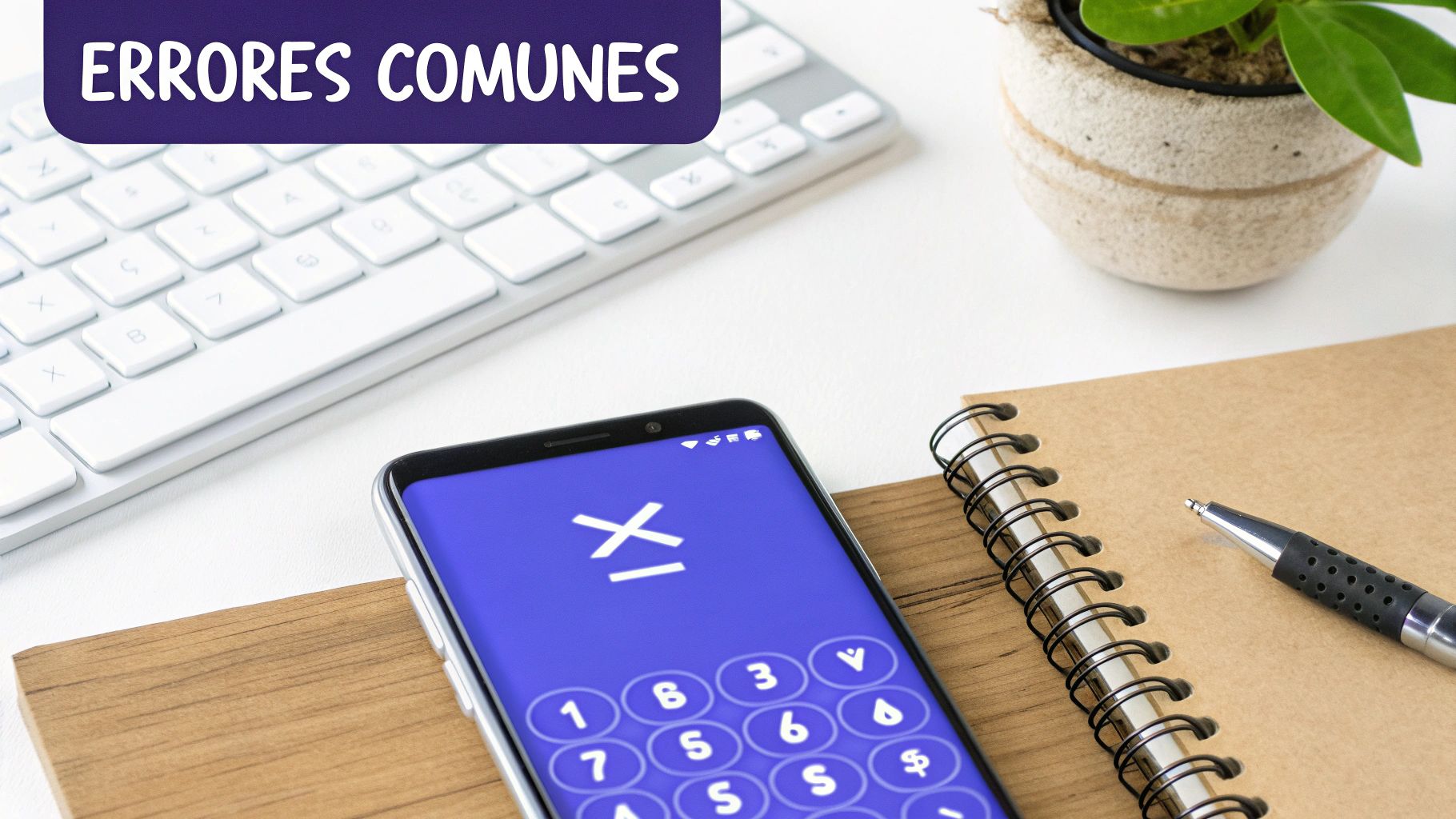 Imagen de un escritorio con teclado, smartphone mostrando una app de calculadora, cuaderno, bolígrafo y planta. Banner: 'ERRORES COMUNES'.