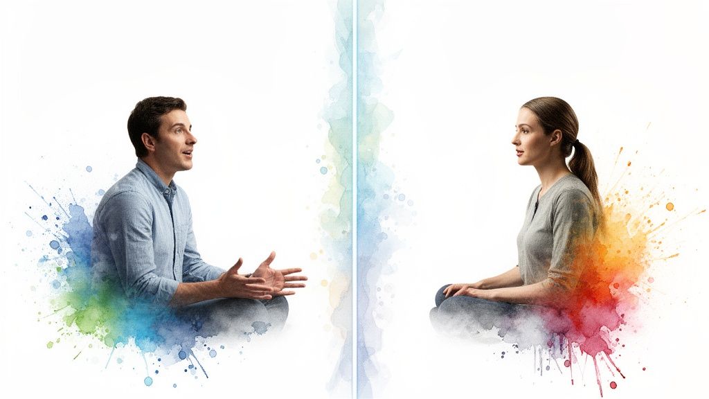 Man and woman communicating, separated by colorful watercolor splashes, representing dialogue or different perspectives.