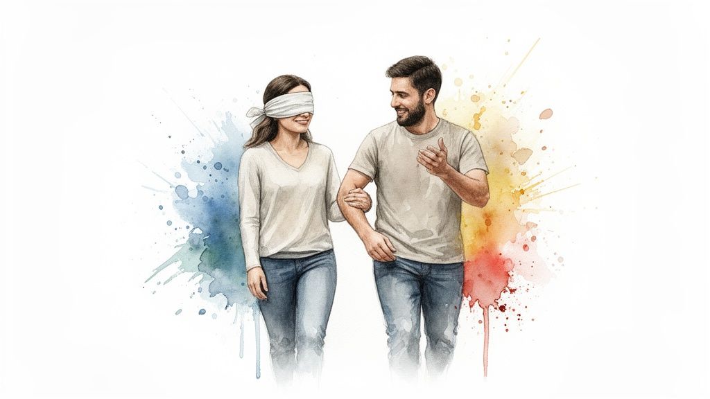 A blindfolded woman smiles while being guided by a smiling man, walking arm-in-arm amidst watercolor splatters.