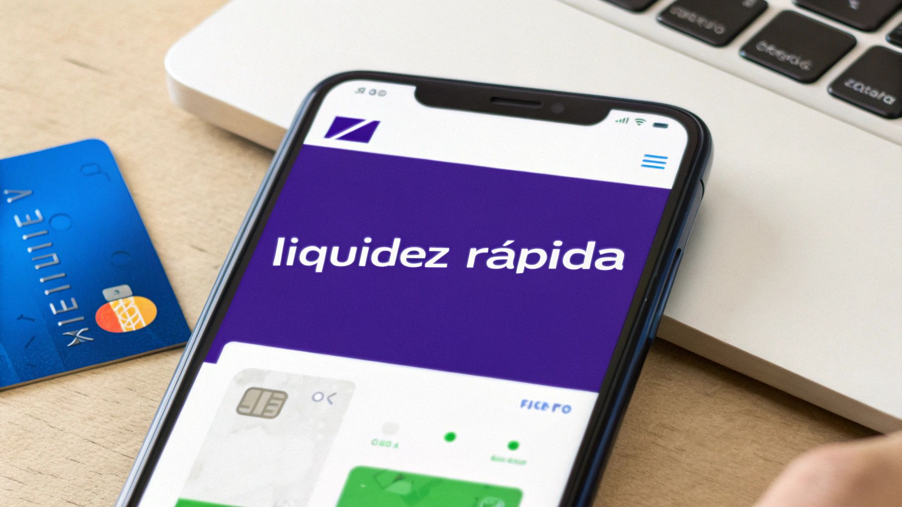 Un teléfono móvil con 'liquidez rápida' en pantalla, una tarjeta de crédito azul y teclado de portátil.