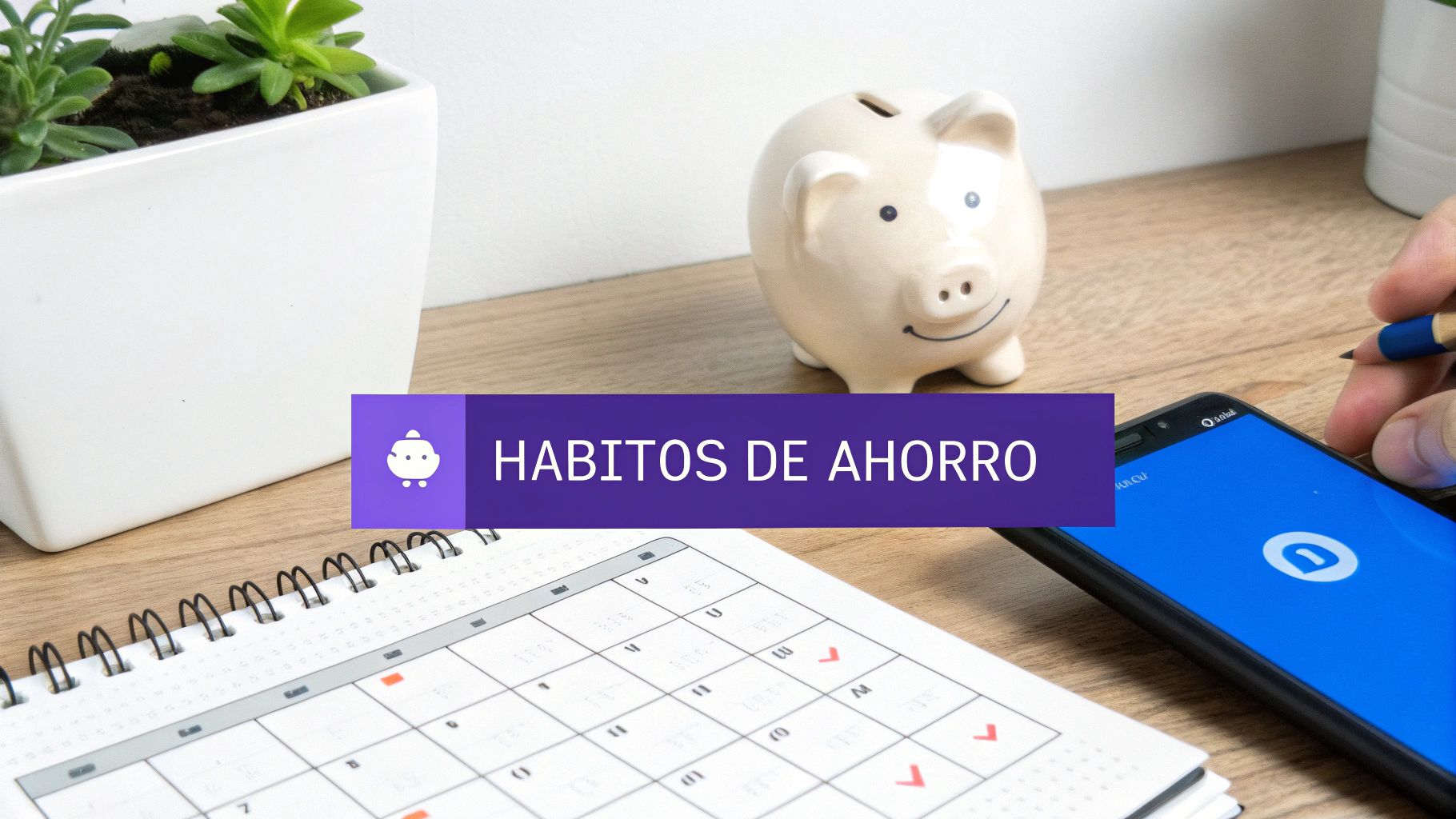 Mesa con alcancía, calendario y smartphone, destacando 'Hábitos de Ahorro' para finanzas personales.