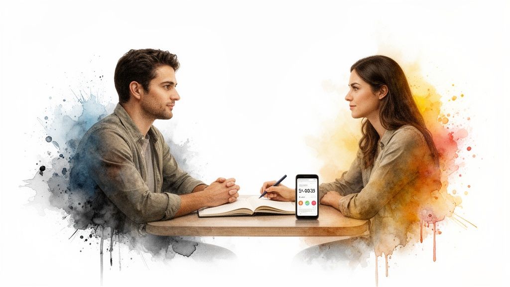 Two people sit across a table, engaged in discussion, with a phone and notebook.