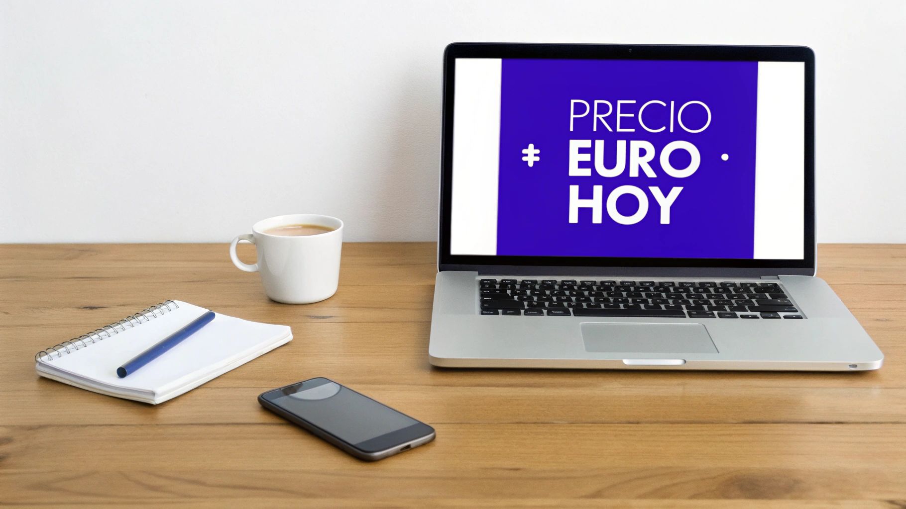 Un escritorio de madera con un portátil mostrando 'Precio Euro Hoy', una taza de café, libreta y móvil.